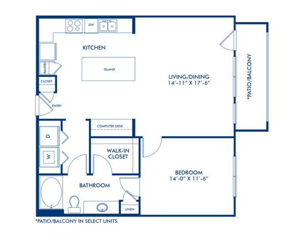 Blueprint of Milliken Floor Plan, 1 Bedroom and 1 Bathroom at Camden Design District Apartments in Dallas, TX