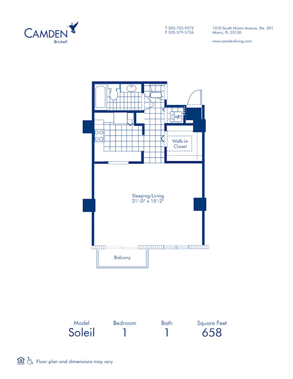 Blueprint of Soleil Floor Plan, Studio with 1 Bathroom at Camden Brickell Apartments in Miami, FL
