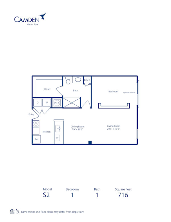 Blueprint of S2 Floor Plan, Studio with 1 Bathroom at Camden Manor Park Apartments in Raleigh, NC