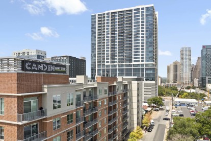 West-facing view from Camden Rainey Street toward Downtown Austin