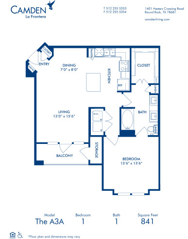 Blueprint of A3A Floor Plan, 1 Bedroom and 1 Bathroom at Camden La Frontera Apartments in Round Rock, TX
