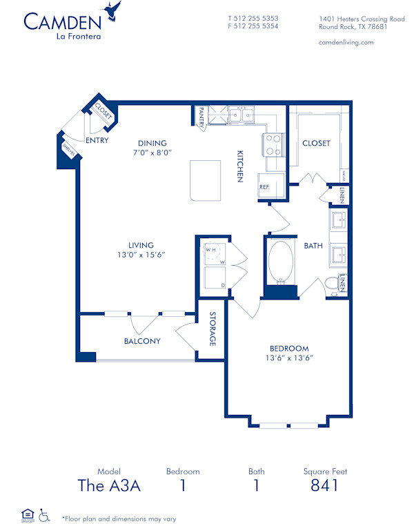 Blueprint of A3A Floor Plan, 1 Bedroom and 1 Bathroom at Camden La Frontera Apartments in Round Rock, TX