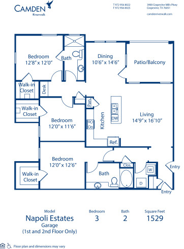 Blueprint of Napoli Estates  - Garage Floor Plan, 3 Bedrooms and 2 Bathrooms at Camden Riverwalk Apartments in Grapevine, TX