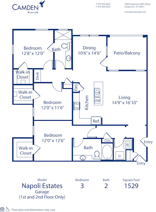 Blueprint of Napoli Estates  - Garage Floor Plan, 3 Bedrooms and 2 Bathrooms at Camden Riverwalk Apartments in Grapevine, TX