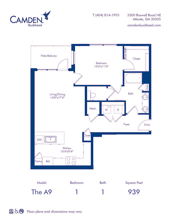 Camden Buckhead apartments Atlanta, Georgia 1 bedroom,1 bath, floor plan A9