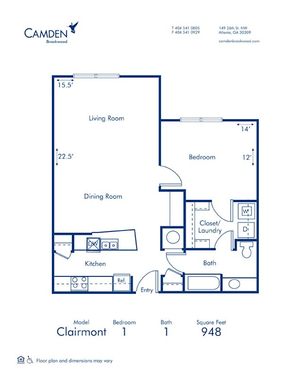 Blueprint of Clairmont Floor Plan, 1 Bedroom and 1 Bathroom at Camden Brookwood Apartments in Atlanta, GA
