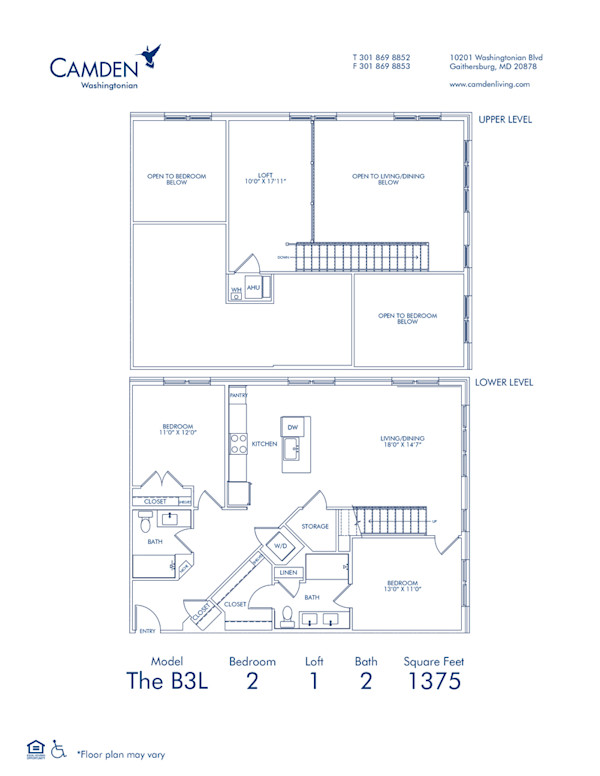 Blueprint of The B3L, 2 bedroom 2 bathroom floor plan at Camden Washingtonian Apartments in Gaithersburg, MD