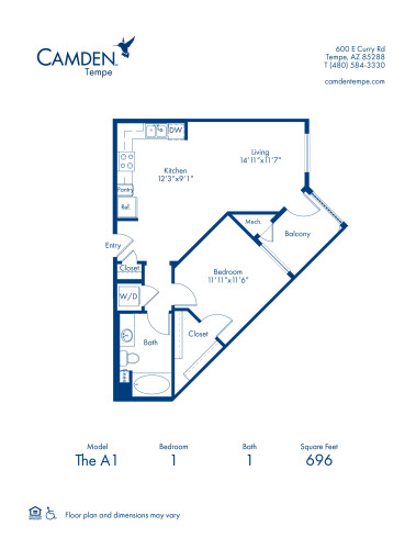 Blueprint of The A1 Floor Plan, 1 Bedroom and 1 Bathroom at Camden Tempe Apartments in Tempe, AZ
