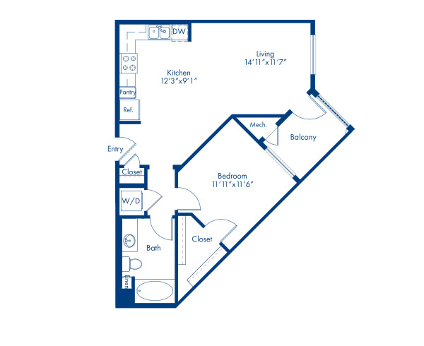 Blueprint of The A1 Floor Plan, 1 Bedroom and 1 Bathroom at Camden Tempe Apartments in Tempe, AZ