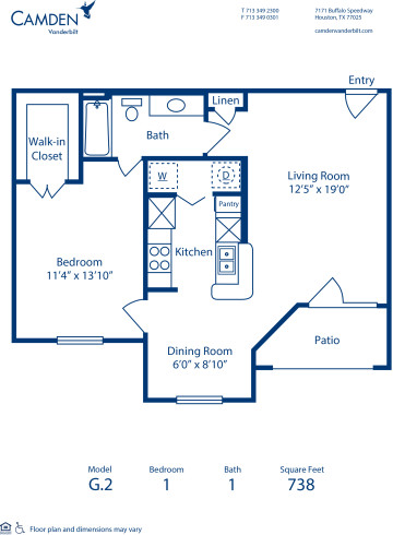 Blueprint of G.2 Floor Plan, 1 Bedroom and 1 Bathroom at Camden Vanderbilt Apartments in Houston, TX