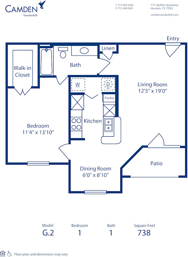 Blueprint of G.2 Floor Plan, 1 Bedroom and 1 Bathroom at Camden Vanderbilt Apartments in Houston, TX