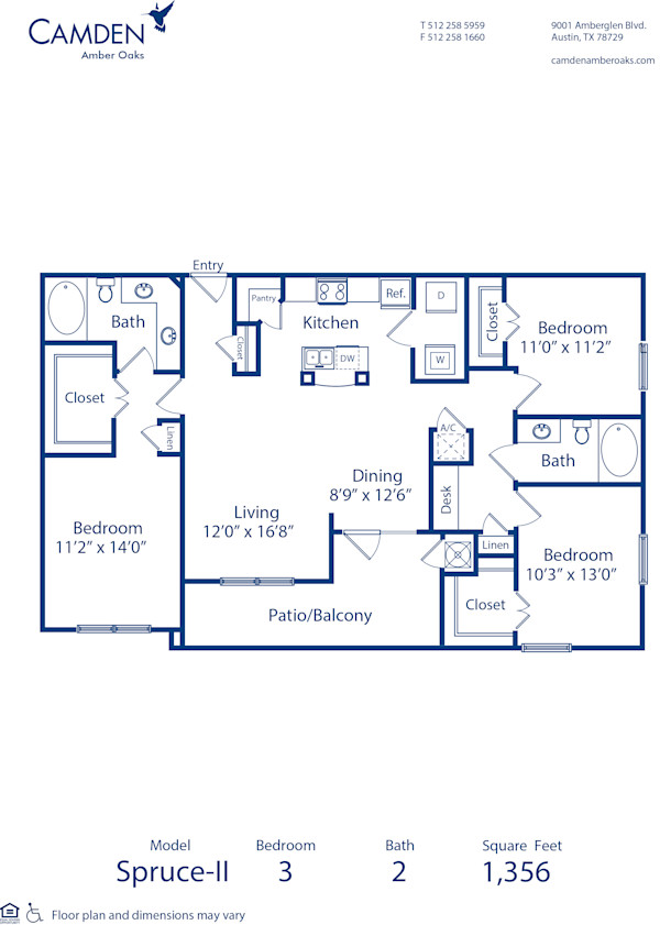 Blueprint of Spruce - II Floor Plan, 3 Bedrooms and 2 Bathrooms at Camden Amber Oaks II Apartments in Austin, TX