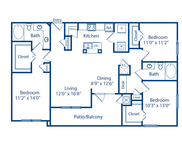 Blueprint of Spruce - II Floor Plan, 3 Bedrooms and 2 Bathrooms at Camden Amber Oaks II Apartments in Austin, TX