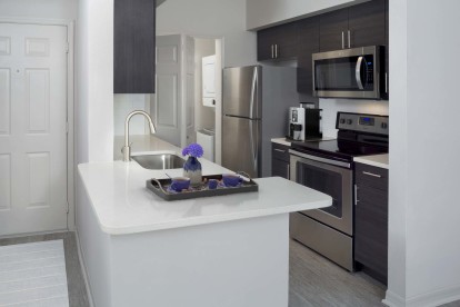 Modern kitchen with white quartz countertops large breakfast bar soft close cabinets and stainless steel appliances