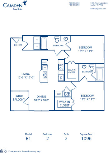 B1 floor plan, 2 bed and 2 bath, at Camden Royal Oaks Apartments in Houston, TX