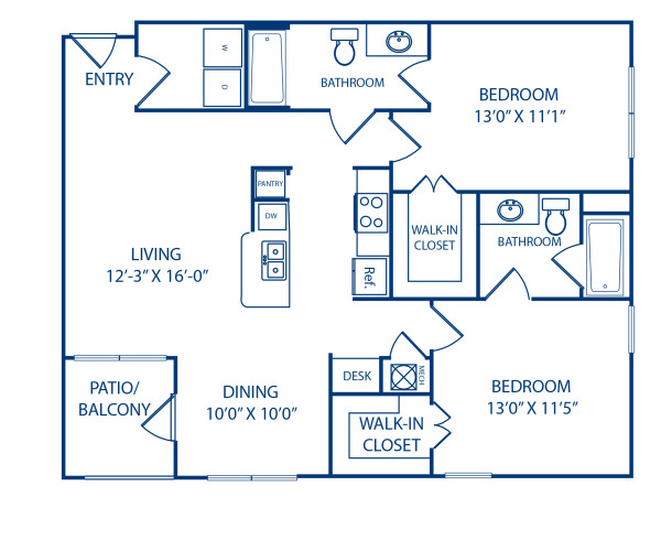 B1 floor plan, 2 bed and 2 bath, at Camden Royal Oaks Apartments in Houston, TX