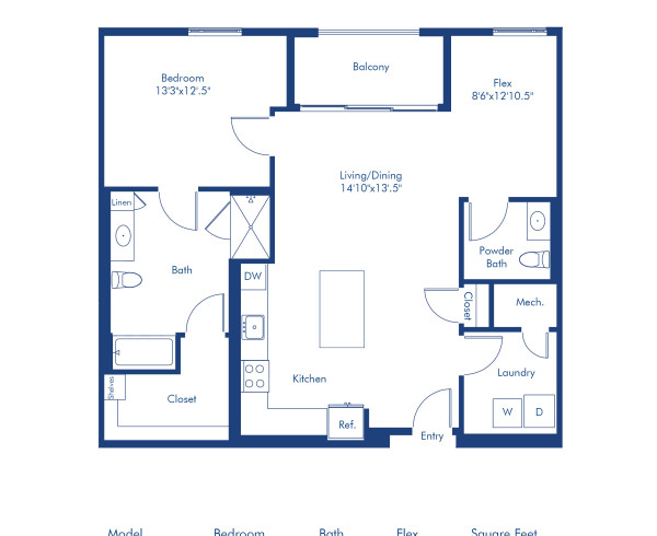 Camden Hillcrest apartments in San Diego, California one bedroom, one and a half bath floor plan The A14