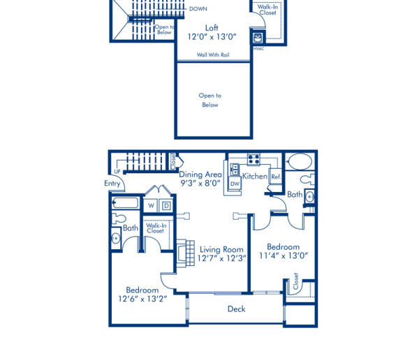 2.2LA floor plan at Camden Fair Lakes apartments, 2 bed, 2 bath loft