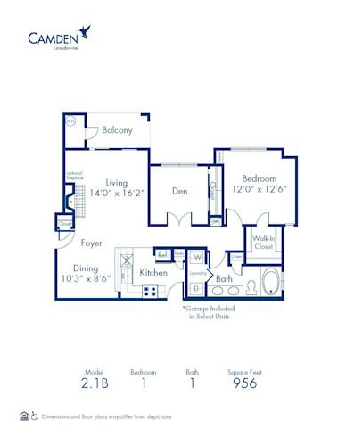 Blueprint of 2.1B Floor Plan, 2 Bedrooms and 1 Bathroom at Camden Lansdowne Apartments in Lansdowne, VA