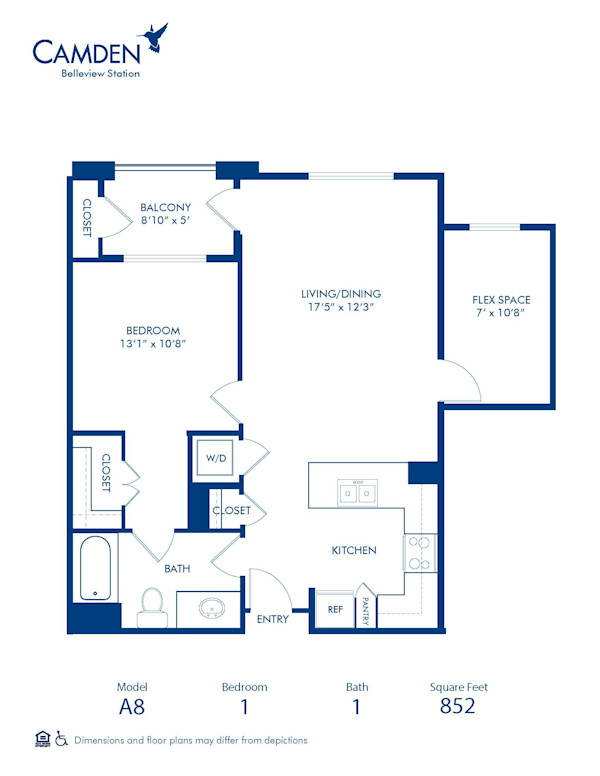 Blueprint of A8 Floor Plan, 1 Bedroom and 1 Bathroom at Camden Belleview Station Apartments in Denver, CO