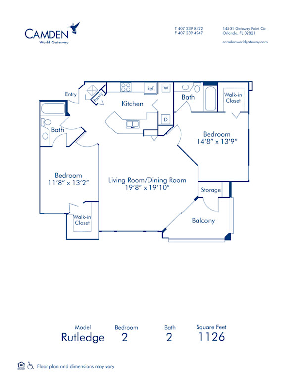 Blueprint of Rutledge Floor Plan, 2 Bedrooms and 2 Bathrooms at Camden World Gateway Apartments in Orlando, FL