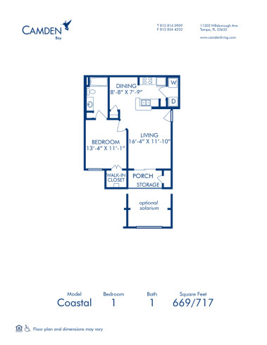 Blueprint of Coastal (Balcony) Floor Plan, 1 Bedroom and 1 Bathroom at Camden Bay Apartments in Tampa, FL
