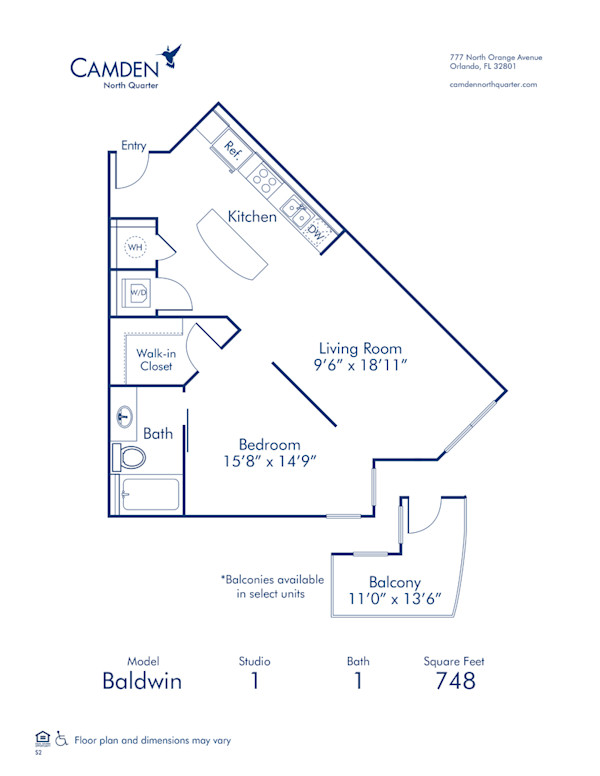Blueprint Baldwin floor plan, kitchen in studio one bathroom apartment at Camden North Quarter Apartments in Orlando, FL