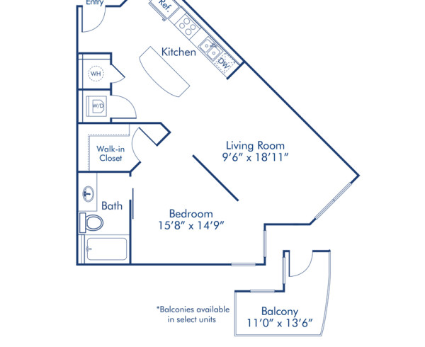 Blueprint Baldwin floor plan, kitchen in studio one bathroom apartment at Camden North Quarter Apartments in Orlando, FL