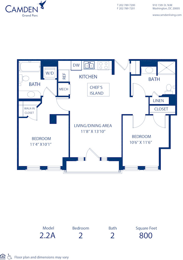Blueprint of 2.2A Floor Plan, 2 Bedrooms and 2 Bathrooms at Camden Grand Parc Apartments in Washington, DC