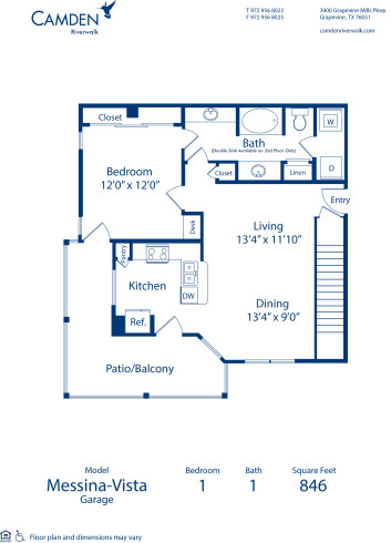 Blueprint of Messina Vista  - Garage Floor Plan, 1 Bedroom and 1 Bathroom at Camden Riverwalk Apartments in Grapevine, TX