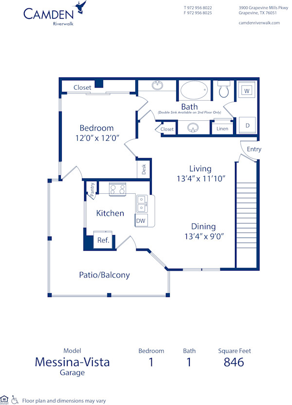 Blueprint of Messina Vista  - Garage Floor Plan, 1 Bedroom and 1 Bathroom at Camden Riverwalk Apartments in Grapevine, TX
