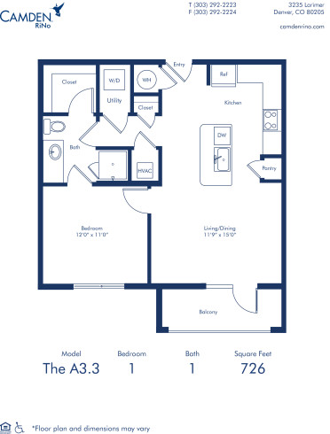 Camden Rino apartments in Denver one bedroom floor plan diagram, The A3.3