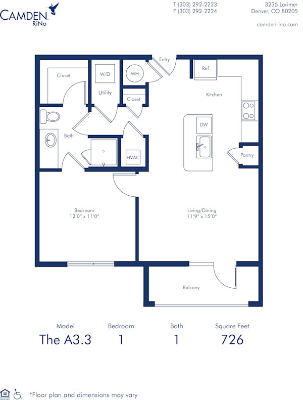Camden Rino apartments in Denver one bedroom floor plan diagram, The A3.3