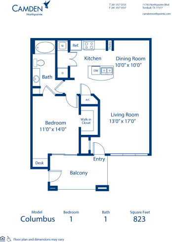 Blueprint of Columbus Floor Plan, 1 Bedroom and 1 Bathroom at Camden Northpointe Apartments in Tomball, TX