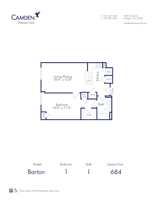 Blueprint of Barton Floor Plan, 1 Bedroom and 1 Bathroom at Camden Potomac Yard Apartments in Arlington, VA
