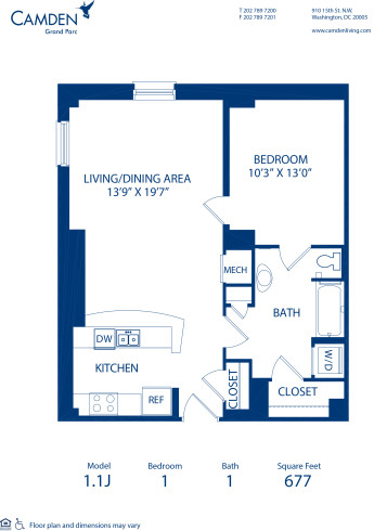 Blueprint of 1.1J Floor Plan, 1 Bedroom and 1 Bathroom at Camden Grand Parc Apartments in Washington, DC