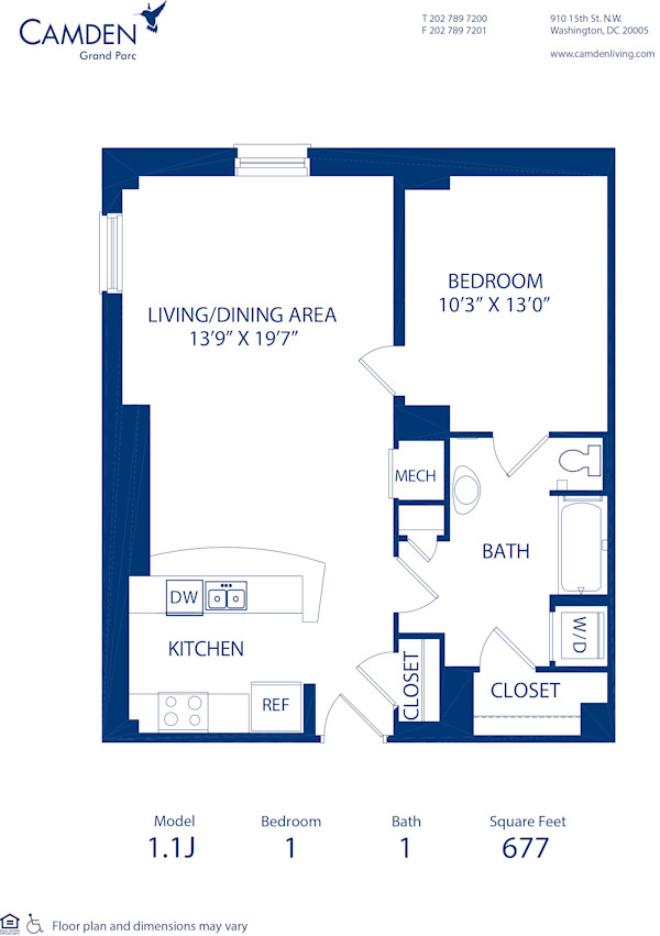 Blueprint of 1.1J Floor Plan, 1 Bedroom and 1 Bathroom at Camden Grand Parc Apartments in Washington, DC