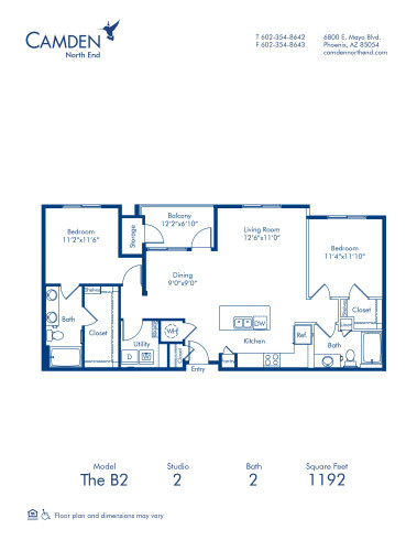 Blueprint of B2 Floor Plan, Apartment Home with 2 Bedrooms and 2 Bathrooms at Camden North End in Phoenix, AZ