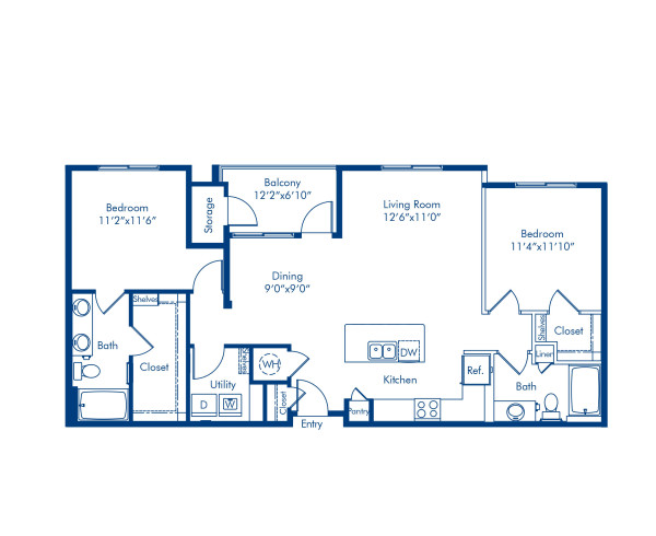 Blueprint of B2 Floor Plan, Apartment Home with 2 Bedrooms and 2 Bathrooms at Camden North End in Phoenix, AZ