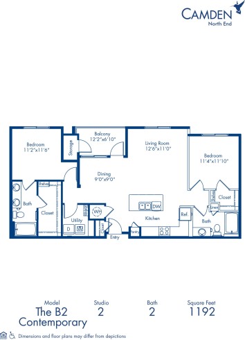 Blueprint of B2 Floor Plan, Apartment Home with 2 Bedrooms and 2 Bathrooms at Camden North End in Phoenix, AZ