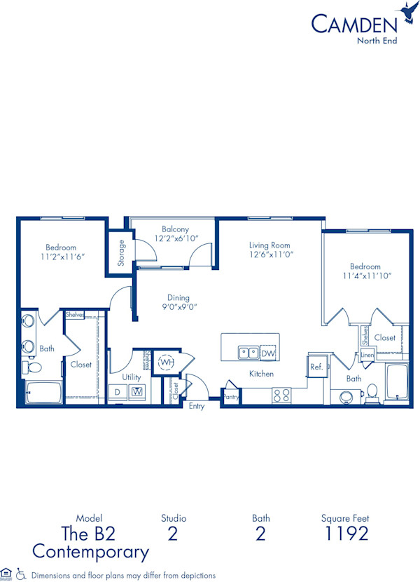 Blueprint of B2 Floor Plan, Apartment Home with 2 Bedrooms and 2 Bathrooms at Camden North End in Phoenix, AZ
