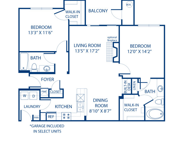 Blueprint of 2.2H Floor Plan, 2 Bedrooms and 2 Bathrooms at Camden Lansdowne Apartments in Lansdowne, VA