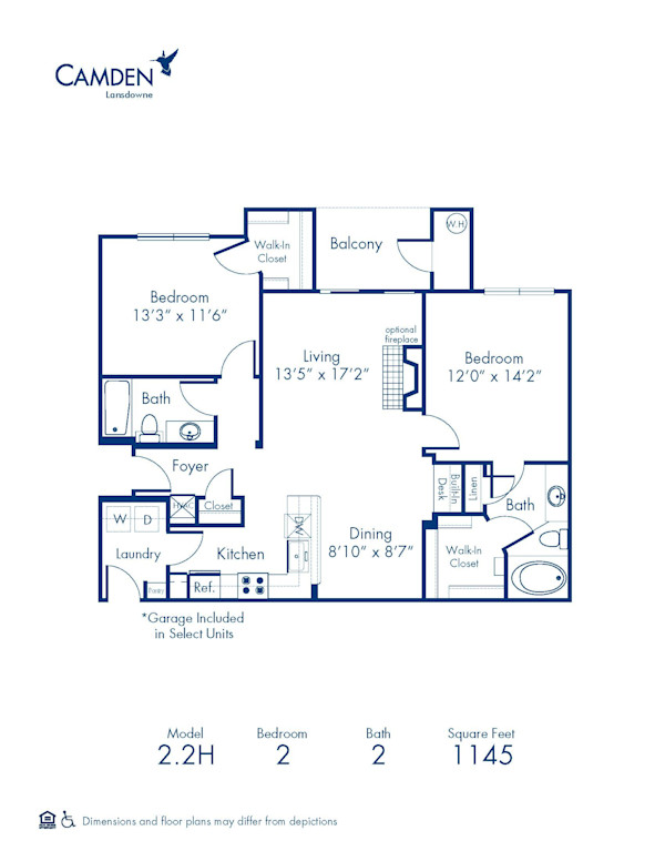 Blueprint of 2.2H Floor Plan, 2 Bedrooms and 2 Bathrooms at Camden Lansdowne Apartments in Lansdowne, VA