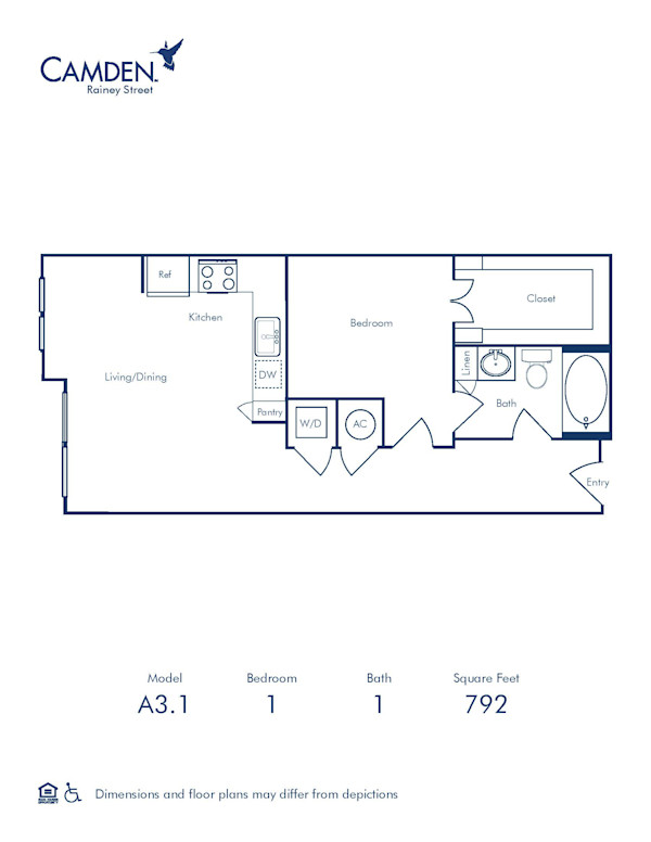 Camden Rainey Street apartments in Austin, TX one bedroom floor plan A3.1