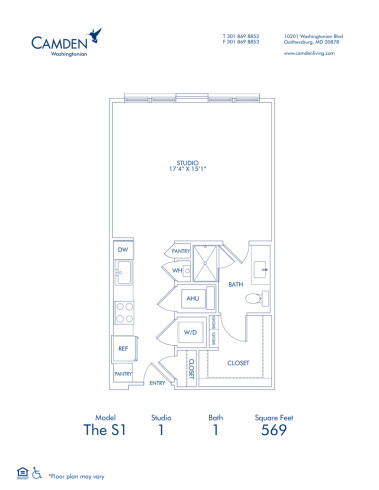 Blueprint of S1, Studio 1 Bathroom Apartment Home at Camden Washingtonian in Gaithersburg, MD