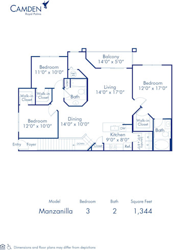 Blueprint of Manzanilla Floor Plan, 3 Bedrooms and 2 Bathrooms at Camden Royal Palms Apartments in Brandon, FL