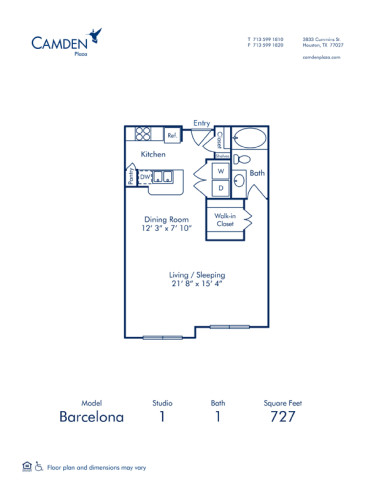 Blueprint of Barcelona Floor Plan, Studio Apartment Home with 1 Bathroom at Camden Plaza in Houston, TX