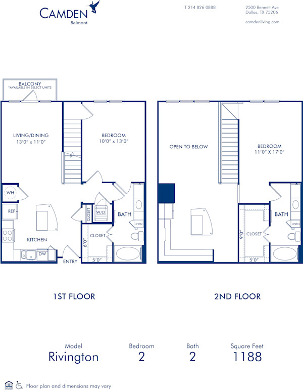 Blueprint of Rivington Floor Plan, 2 Bedrooms and 2 Bathrooms at Camden Belmont Apartments in Dallas, TX