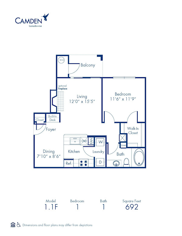 Blueprint of 1.1F Floor Plan, 1 Bedroom and 1 Bathroom at Camden Lansdowne Apartments in Lansdowne, VA