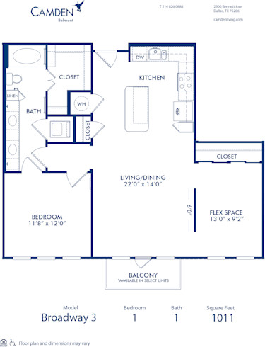 Blueprint of Broadway 3 Floor Plan, 1 Bedroom and 1 Bathroom at Camden Belmont Apartments in Dallas, TX